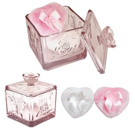 WHSLILR Body Powder Puff and Container - Glass Dusting Powder Container with 2 Soft Puffs – Vintage Powder Puff Case for Women & Girls (3.74x3.74x4.53 H IN)- GRB013-Pink