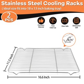 P&P CHEF Cooling Baking Rack Pack of 2, Stainless Steel Cooling Racks for Cooking Baking Roasting Grilling Drying, Dense Wires & Smooth Edge, Easy to clean, Silver, 16.6" x 11.5"