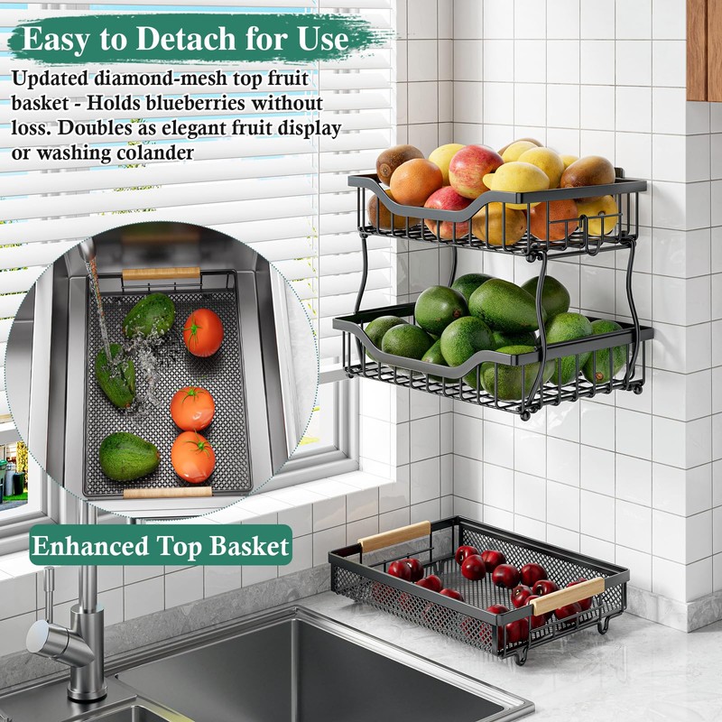OKZEST 3-Tier Fruit Basket for Kitchen Counter, Wall Hanging Fruit