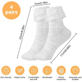 SMYJDMM Socks with Ruffles, 4 Pairs of Ruffle Socks Women, Princess Socks, Lace Socks, Costume Socks, Dress Socks, Women's Ruffle Socks for Women Girls (White), White