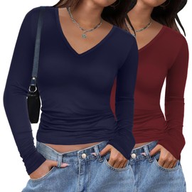 Zeagoo Long Sleeve Shirts for Women Fall Basic V Neck Soft Tight Tops Comfy Fashion Ribbed Knit Tees Wine Red+Navy Blue L