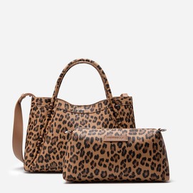 [Springtok] NewBella Kelly M Plus 2 PCS Set Lychee Top Handle Bag with Removable Shoulder Strap Purse - Color: M Plus-Brown Leopard