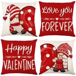 NEWLIGHTURE Valentines Day Pillow Covers 18x18inch, Love You Forever Valentine Gnome Heart Happy Valentine's Day Decoration for Couch Sofa Pillow Cases Set of 4