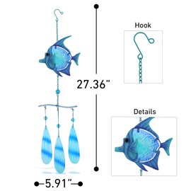 CoTa Global Blue Fish Hanging Sea Glass Wind Chime 27.36 Inch, Nautical Glass Windchime Outdoor Decor for a Harmonic Porch, Patio & Garden, Unique Beach Art Indoor Wind Chime Window Mobile