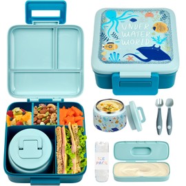 JXXM Bento Lunch Box for Kids with 8oz Soup Thermo,Leak-Proof Lunch Containers with 5 Compartment,Thermo Food Jar Food Containers for School (Blue-Octopus)