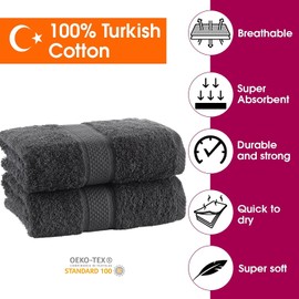 Signature Range Turkish Cotton Towels Made of Premium Cotton, Fluffy, Soft, Luxurious, Highly Absorbent, 600 GSM. Our Towels are manufactured in Denizli in Turkey (2 Hand Towels, Grey)