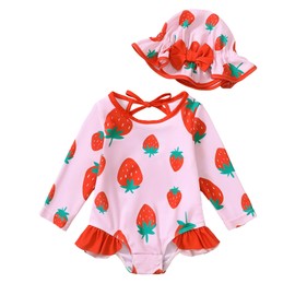 Baby Girls One Piece Swimsuit Long Sleeve Little Infant Floral Bathing Suit+Hat 2Pcs 6-9-12 Months Strawberry Red