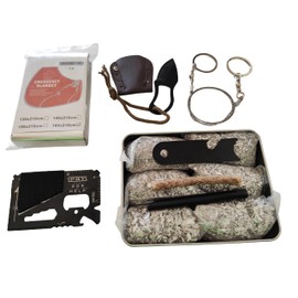 Emergency Fire Stater 6 Bags Magnesium Ferro Striker Saw Wire Multi Purpose Tool Blanket Wax Rope Camping Hiking Bushcraft + 1 Free Tin Can (Mg + FerroStriker + Tool + Saw + Blanket + Knife + WaxRope)