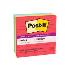 Post-it Super Sticky Lined Notes, 4 Sticky Note Pads, 4 x 4 in., School Supplies and Office Products, Ideal for Textbooks, Notebooks, Walls and Vertical Surfaces, Playful Primaries Collection
