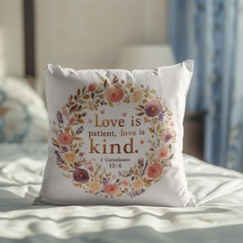 Pink and Cream Christian Decorative Throw Pillow Covers, 1 Corinthians 13:4 Bible Verse Scripture Pillows Covers, Love is Patient Love is Kind Pillow Cases Decor for Wedding Bedroom Couch 18x18in