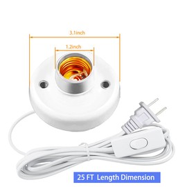 25ft Light Bulb Base with Cord E26/E27 Light Socket with On/Off Switch, 110V-250V Lamp Base for Light Socket with Cord, Light Bulb Socket with Plug-in Lamp Holder Base for ﻿Desktop,Include Screw