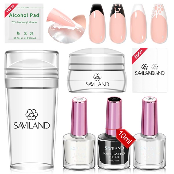 Saviland French Nails Stamp Kit - 10 Piece French Nail Stamp Kit with 2 Specific Nail Stamping Gel Nail Polishes, Removable Latex Tape, Nail Scraper and Replaceable Nail Stamp Head