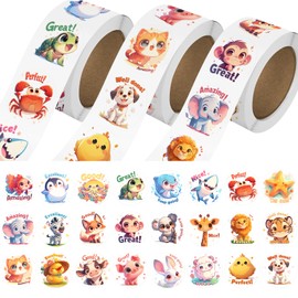 JIXZEN 3 Rolls Animal Stickers for Kids, 1500 PCS Kids Stickers Bulk for Toddlers 2-4, 24 Designs Farm/Ocean/Wild Toddler Stickers with Motivational Words for Kids Reward, School Supplies (1.0 Inch)