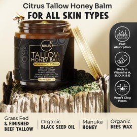 Maju Superfoods Maju Superfoods Tallow Honey Balm, Morning Citrus (2 oz), Grass Fed Beef Tallow for Skin with Organic Black Seed Oil, Manuka Honey and Organic Beeswax, Skin and Face Moisturizer for Deep Hydration