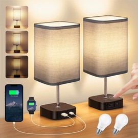 Bedside Lamps Set of 2 - Touch Lamps with USB-C+A Charging Ports, 3-Way Dimmable Table Lamp for Bedroom Living Room with Grey Fabric Shade (Bulbs Included)