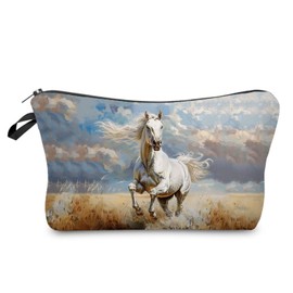 Livel lhood White Horse Makeup Bag Cute Small Organizer Zipper Pouch Oil Painting Style White Horse Cosmetic Bag Birthday Present for Women