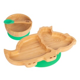 Tiny Dining Baby Dinner Set - Dinosaur - Green - 3pc - Divided Non-Slip Bamboo Self-Feeding Baby Weaning Plate, Bowl & Spoon for Babies, Toddlers, Children