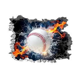 SUPERDANT 3D Baseball Wall Sticker Breaking Baseball Wall Decal Baseball in Fire and Water Wall Decor Nursery Wall Sticker Vinyl Peel and Stick for Kids Bathroom Restroom Playroom Wall Decoration