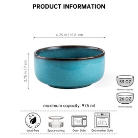 Henten Home Ceramic Cereal Bowl Set, 26 OZ Noodle Bowls Set of 4, Porcelain Salad Bowls for Kitchen, Reactive Glaze Serving Soup Bowls for Ramen, Oatmeal, Microwave Safe (Aqua)