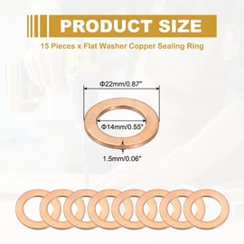 PATIKIL M14 Copper Washer Sealing Ring, 15 Pieces 14mm ID 22mm OD 1.5mm Thickness Metric Flat Sealing Gasket Crush Washer for Screws Bolt Sump Plugs Oil Drain