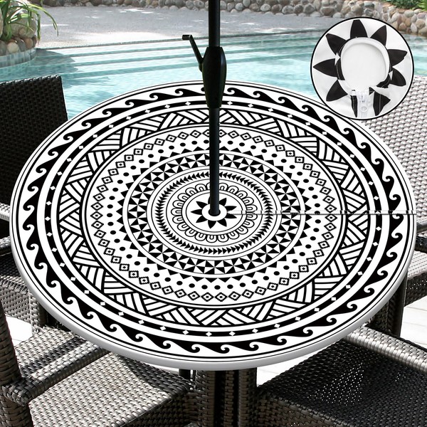 Outdoor Tablecloth with Umbrella Hole Waterproof Abstract Tribal Round Fitted