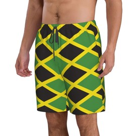 KAMQUERENCE Jamaican Flag Men's Swim Trunks Men's Swimsuit Quick Dry Board Shorts with Mesh Lining Beach Shorts Large