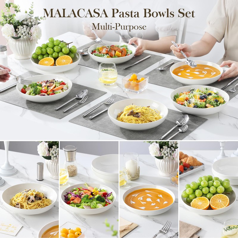 MALACASA 8.85" Large Pasta Bowls, 42 OZ White Salad Bowls
