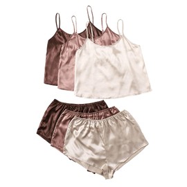 GORGLITTER Women's 3 Sets Silk Pajama Set Sleeveless V Neck Crop Cami Top and Shorts Satin Pjs Sleepwear Sets Beige Pink Brown X-Large