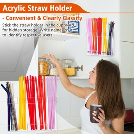 Acrylic Straw Holder for Cabinet Door, Cupboard Reusable Straw Organizer Container, Flexible Removable Drinking Straw Dispenser Storage Box for Kitchen Counter (Transparent)