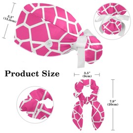 Scrub Caps Women with Button,Adjustable Bouffant Surgical Caps with Ponytail Pouch,Pink Giraffe Pattern Working Cap with Bow, Pink Giraffe Pattern, One Size