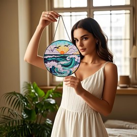 Ocean Wave Stained Glass Window Hanging - 8’’ Handmade Colorful Ocean View Suncatcher for Window, Spiritual Home Decor Indoor & Outdoor, for Beach Lovers and Nature Enthusiasts (A)