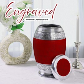 CLEENTABLE Handcrafted Metal Cremation Urn for Adults - Elegant, Durable Funeral & Memorial Urn for Ashes, Decorative Urn with Secure Threaded Lid, Spacious, Timeless Design 10.5" (Red & Silver)