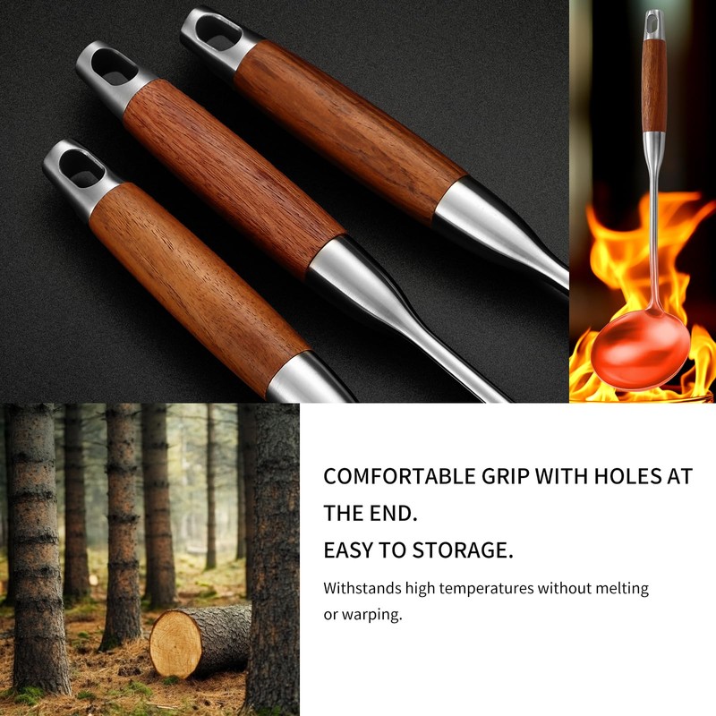 Stainless Steel Kitchen Utensils Set with Wood Handle, 18/10 Metal