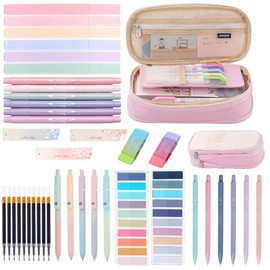 Moerstar Pack of 41 School Supplies with Pencil Case, 12 Pastel Highlighters, 6 Mechanical Pencils, 5 Gel Pens Sticky Notes Set, Back to School Stuff School Accessories (Pink)