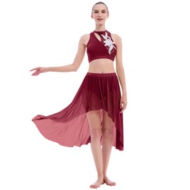 Lyrical Dance Costumes for Women 2 Piece Adult Modern Contemporary Dancewear Sequin Cut Out Tank Crop Top High Low Mesh Tulle Flowy Leotard Skirt Ice Skating Ballroom Ballet Outfit Wine Red M