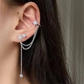 Allereya Vintage Crystal North Star Earrings Star Chain Stud Earrings Dangle Earrings Rhinestone Star Dangle Earrings CZ Silver Star Chain Drop Earrings Jewellery for Women and Girls