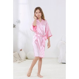 ALHAVONE Girl's Kid's Silky Satin Solid Color Short Kimono Robe for Wedding Birthday Party Spa (Pink, 6)