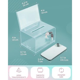 Uniclife Acrylic Donation Box with Lock and Sign Holder 6.2" x 4.7" x 4" Ballot Box with Slot Plastic Suggestion Boxes Storage Container for Fundraising Voting Charity Tip Collection