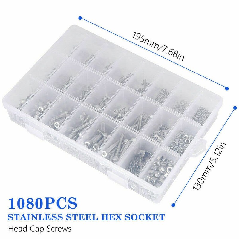 1080pcs Stainless Steel M2/M3/M4 Bolts Nuts Screws Hex Head Assorted