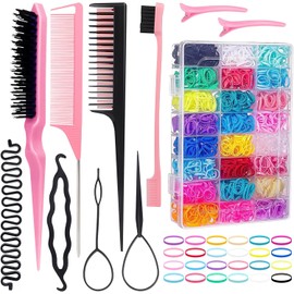 Peines para Peinados de Mujer-Juego de 10 Peines Profesionales+2000 Bandas Elásticas Mini-Kit de Peinados para Niñas y Mujeres-Incluye 24 Colores de Ligas-Color Rosa