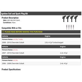 Ignition Coil and Spark Plug Kit - 8 Piece - Compatible with 2006-2010 Chevy Cobalt