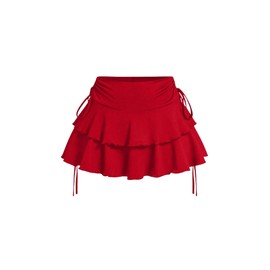 PRSFPN Women's Y2k Mini Ruffle Skirts with Shorts Tiered Layers Cute Elastic Waist Coquette Skort Drawstring Side Bow Tie (US, Alpha, Medium, Regular, Regular, Red)