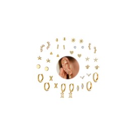 EILINOA 18 Pairs Flat Back Earrings for Women - 18K Hypoallergenic Stainless Steel Small Stud Earrings Set - Minimalist Tiny Gold Hoop, Flower, Heart, Star Earrings for Tiny Screw Back Helix, Lobe