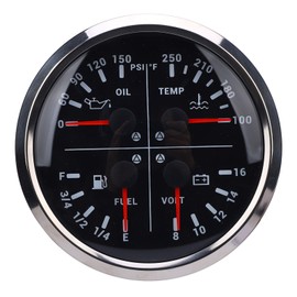 110mm Gauge, 4 in 1 Multifunction Gauge, Fuel Level/Oil PSI (0-150 PSI) / Water Temp (100-250°F) / Voltmeter (8-16V DC), 4 3/8inch Electric Meter for Car Marine Boat (Black