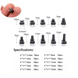 Button Set 200x Micro Buttons 6 x 6 mm 43-13 mm Momentary Tactile Pressure Switch 4-Pin for Circuit Boards Mini Button Assortment Box Universal Button Micro Switch Kit