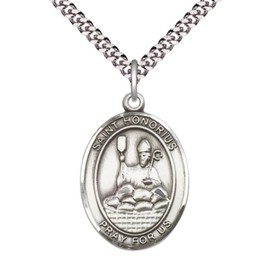 Oval .925 Sterling Silver Saint Honorius Medal Pendant on 24" Rhodium Plated Heavy Curb Brass Chain with Lobster Claw clasp, Catholic Religious Necklace -Made in USA- Deluxe Velvet Gift Box