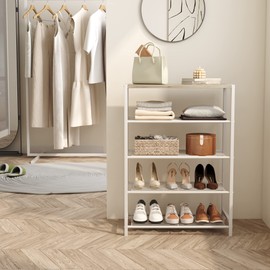 HOMEFORT Shoe Rack 5-Tier, Shoe Storage Shelf, Industrial Shoe Tower, Narrow Shoe Organizer for Closet Entryway, Small Shoe Rack Table with Durable Metal Shelves, White Oak