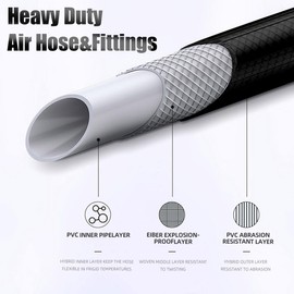 SANFU Hybrid Air Hose 3/8”ID x 25FT, 300PSI Durable, Lightweight, With 1/4” Universal Aluminum 3IN1 Coupler and Plug, Bend Restrictors, Black(25’)