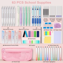 OPPZZIT Gel Pen Set, 63 PCS Aesthetic Stationery Supplies with 5 Gel Pens, 4 Erasable Pens, 6 Mechanical Pencils, 1 Pink Pencil Case, Cute Stationery Set & Party Bag Fillers for Students