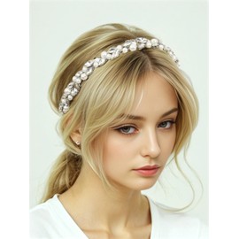 Brihasory Rhinestone Headband Pearl Wedding Hair Accessories for Brides Handmade Bridal Headpieces Costume Party Prom Hair Decoration Tiaras for Women(Black)